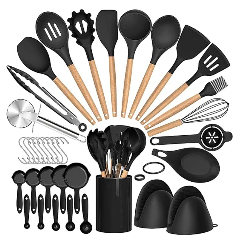 Conjunto de Utensílios de Cozinha de Silicone Cabo de Madeira - 36 Peças