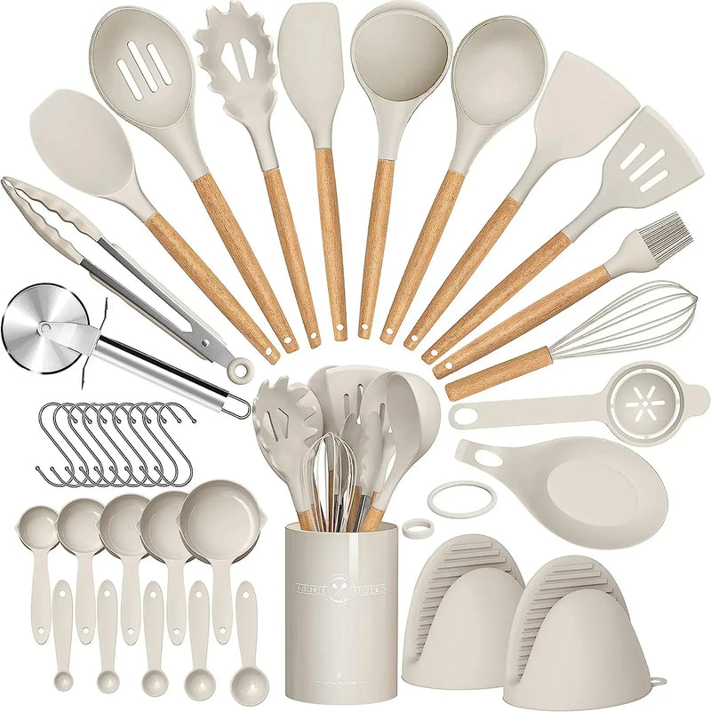 Conjunto de Utensílios de Cozinha de Silicone Cabo de Madeira - 36 Peças