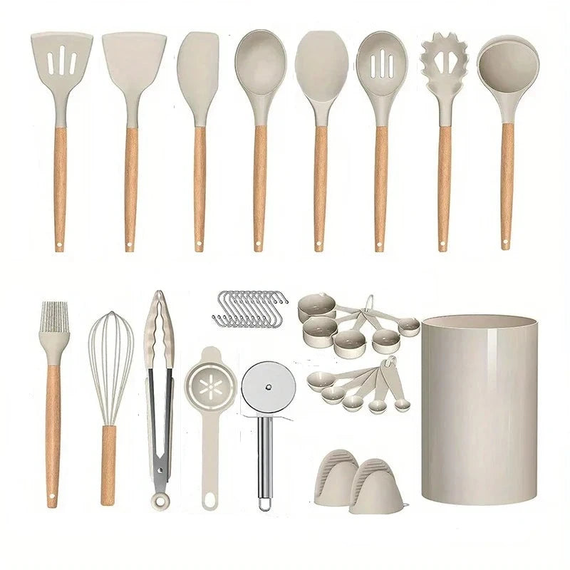 Conjunto de Utensílios de Cozinha de Silicone Cabo de Madeira - 36 Peças